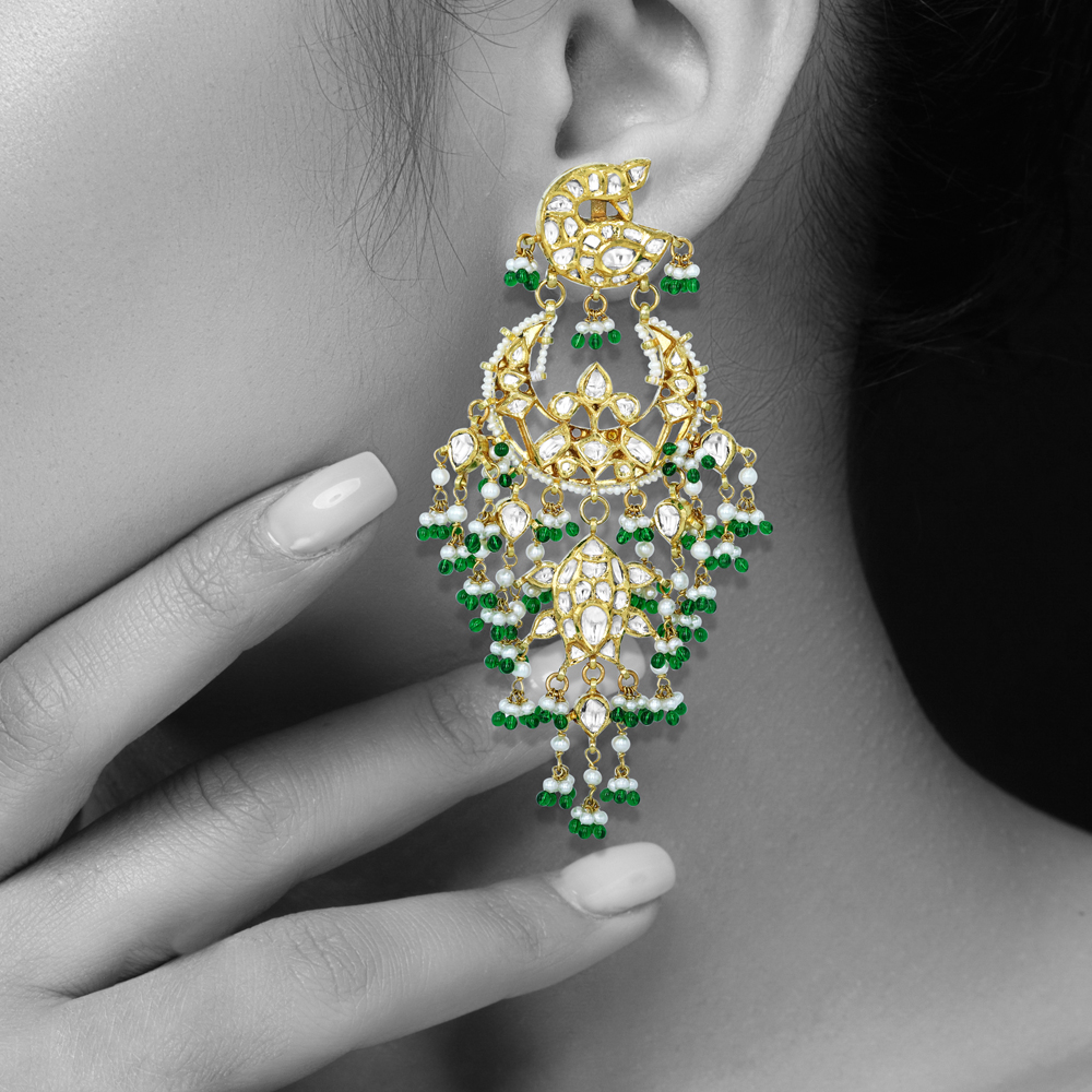 Floral Polki Earrings with Cascading Emerald and Pearl Beads